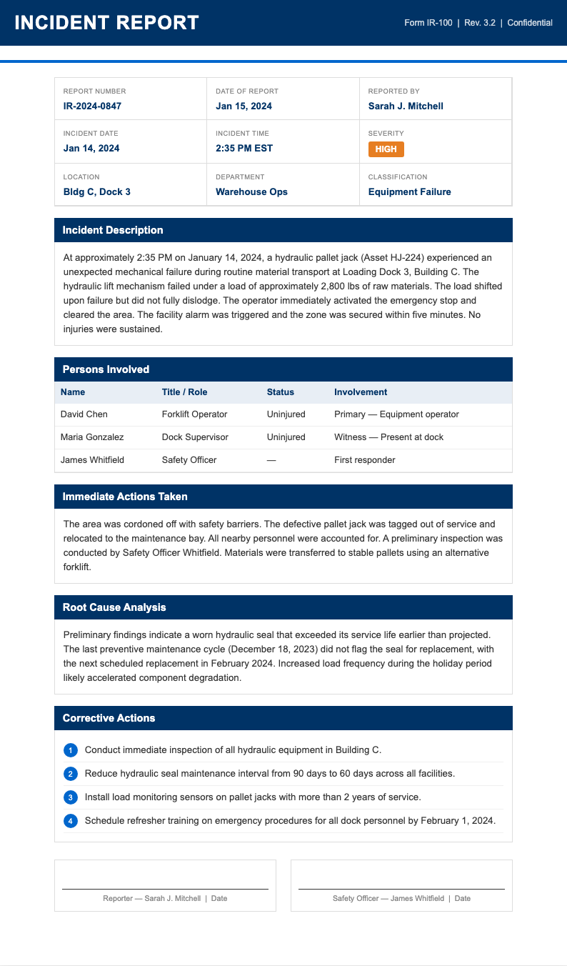 Corporate standard incident report